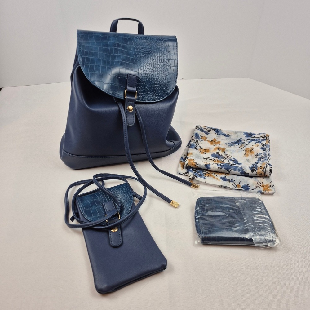 Blue Backpack Purse Set Vegan Leather Scarf Wallet Phone Crossbody NWOT Giftable